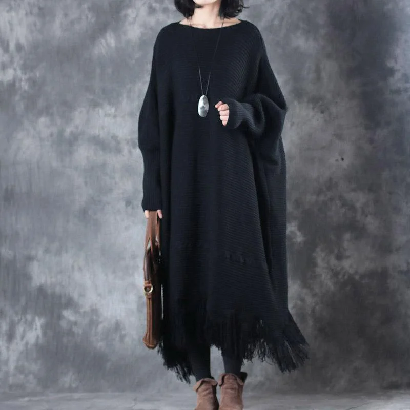 Warm Black Knit Dresses Trendy Plus Size Tassel Sweater Fine O-Neck Pullover Boat Neck Sweater Warm Black Knit Dresses Trendy Plus Size Tassel Sweater Fine O-Neck Pullover Boat Neck Sweater