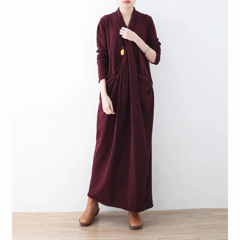 Warm Burgundy Knit Dress Plussize Pullover Sweater Elegant Asymmetric Long Knit Sweaters Dress Over Sleeve Pullover