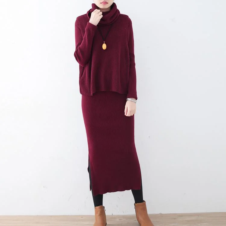 Warm burgundy long slim sweaters dresses two pieces and high neck sleeveless knit pullover Oblong Neck Pullover Warm burgundy long slim sweaters dresses two pieces and high neck sleeveless knit pullover Oblong Neck Pullover