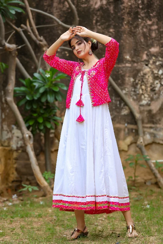 Women's White & Pink Dress With Jacket - Yufta Zip Front Button Front Snap Front