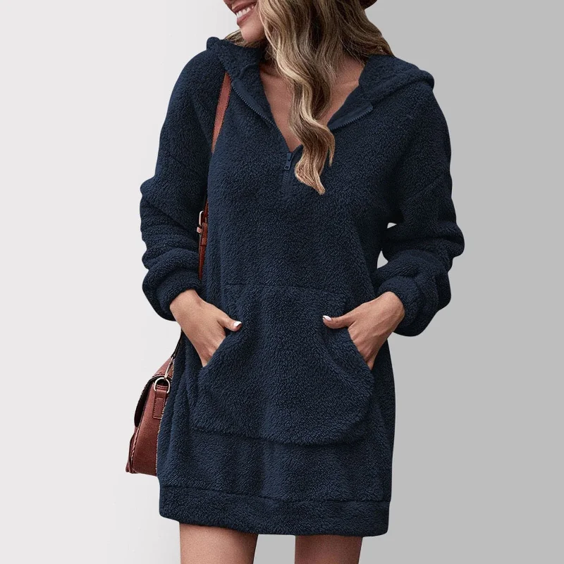 DressBetty - Long Sleeve Plush Hooded Warm Fluffy Pullover Sweatshirt Dress Hoodie with Print Artistic Unique