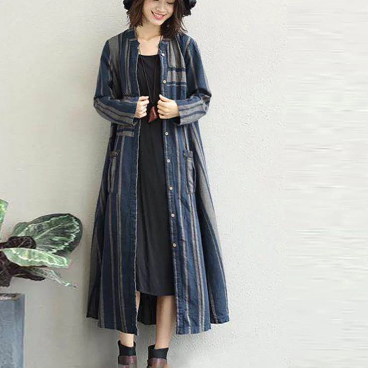women blue striped linen maxi shirt dress Loose fitting pockets linen cardigns casual o neck maxi coats Drape Front Waterfall Coat women blue striped linen maxi shirt dress Loose fitting pockets linen cardigns casual o neck maxi coats Drape Front Waterfall Coat