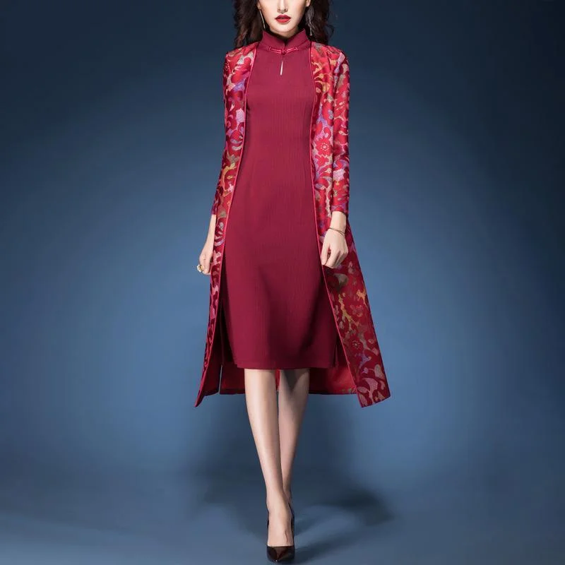 women cotton blended trench coats and red prints fahion mid dress two pieces Button-Up Cardigan Coat women cotton blended trench coats and red prints fahion mid dress two pieces Button-Up Cardigan Coat