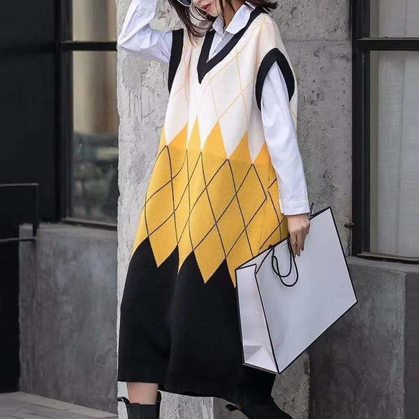 Women Hit Color Patchwork Small Fresh Sleeveless Pullover Elegant Minority Dress Crew Neck Wool