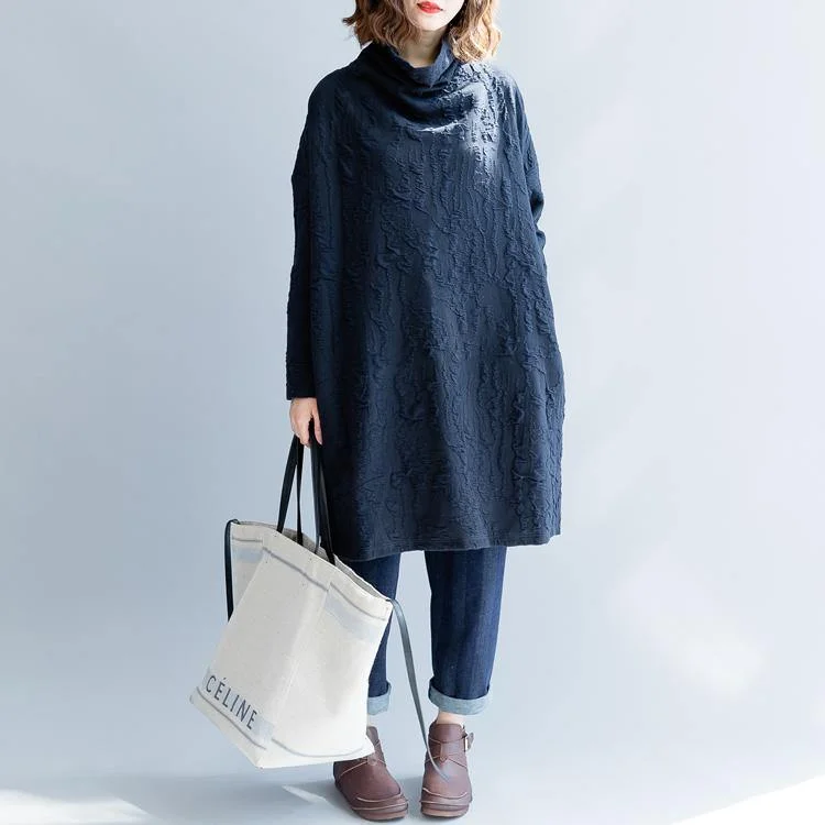 women navy sweater dresses fall fashion high neck pullover Elegant patchwork winter dress Bardot Neck Top