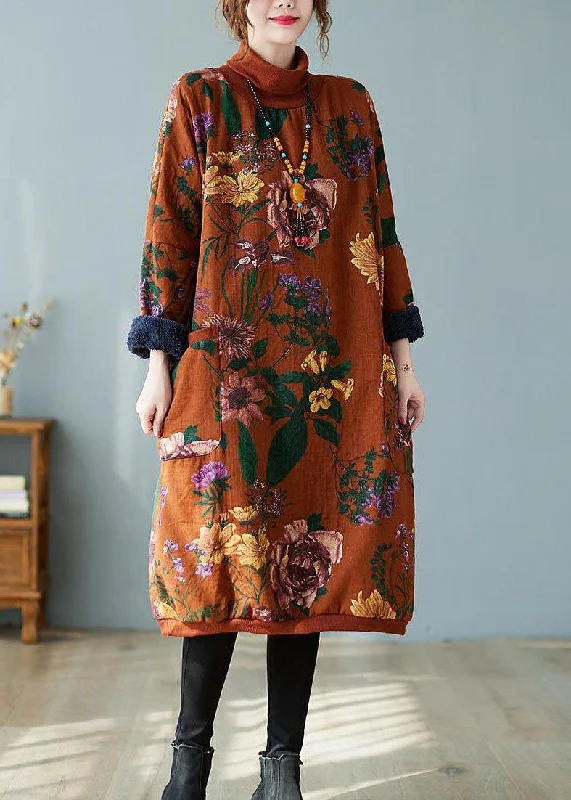 Women Orange Red Turtle Neck Print Warm Fleece Sweatshirts dress Winter Hoodie with Bell Sleeves Flared Feminine