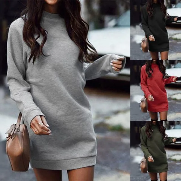 Women’s Fashion Solid Color Round Neck Cotton Pullover Dress Solo Sleeve Pullover