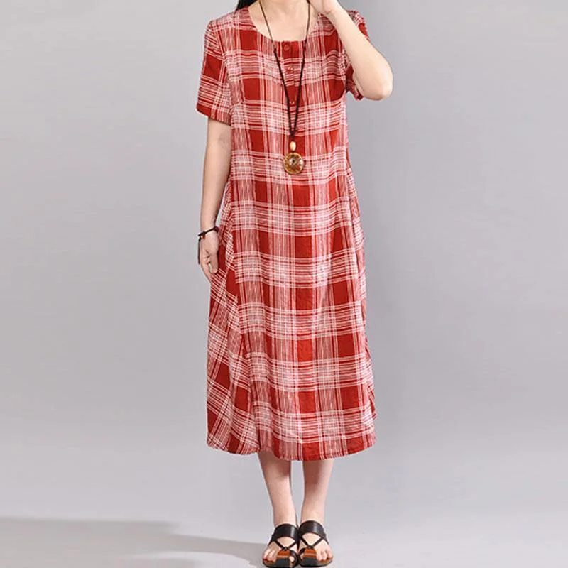 women summer maxi dress plus size clothing Cotton Short Sleeve Pullover Red Plaid Dress Boat Neck Sweater