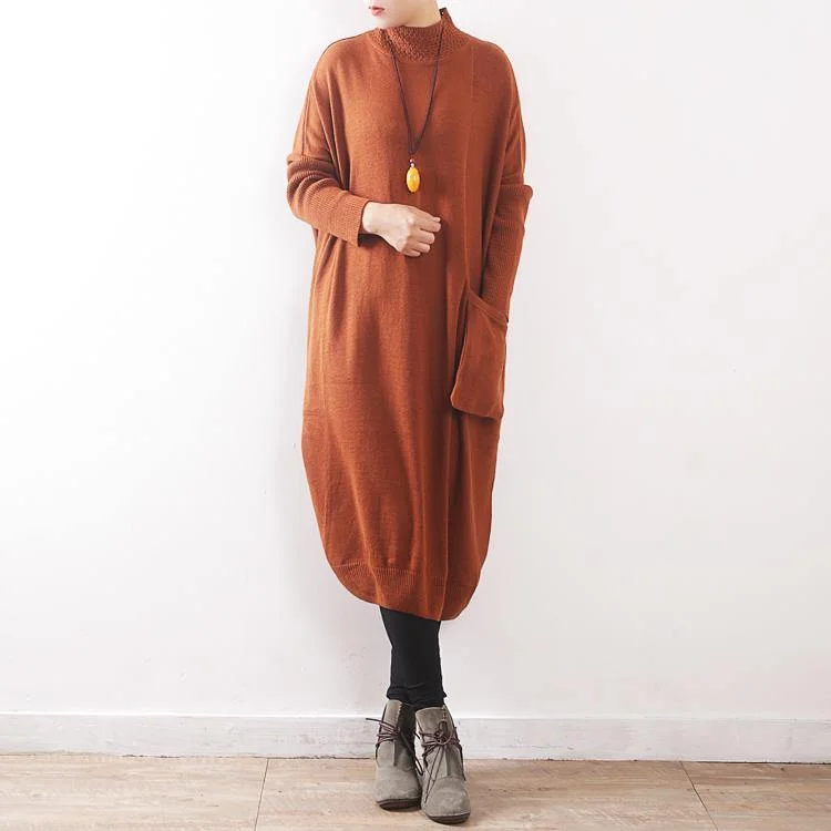 women yellow knit dress Loose fitting high neck pullover sweater Elegant pockets asymmetric winter dresses Asymmetrical Neck Pullover