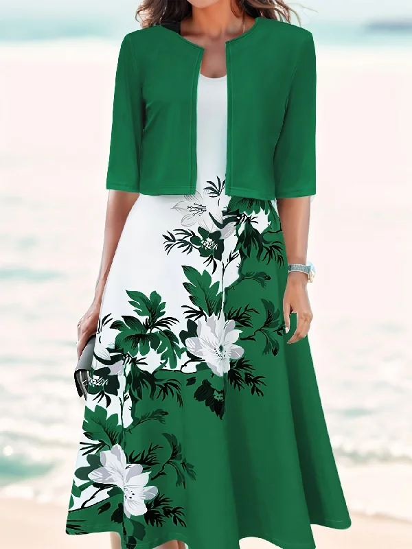 Women's Elegant Outfit Set - Floral Print V-Neck Sleeveless Backless Cami Dress & Half Sleeve Open Front Crop Cardigan - Spaghetti Strap, Solid Color, Relaxed Fit, Perfect for Casual Daily Wear, Date Night, or Special Occasions Fitted Loose Oversized Women's Elegant Outfit Set - Floral Print V-Neck Sleeveless Backless Cami Dress & Half Sleeve Open Front Crop Cardigan - Spaghetti Strap, Solid Color, Relaxed Fit, Perfect for Casual Daily Wear, Date Night, or Special Occasions Fitted Loose Oversized