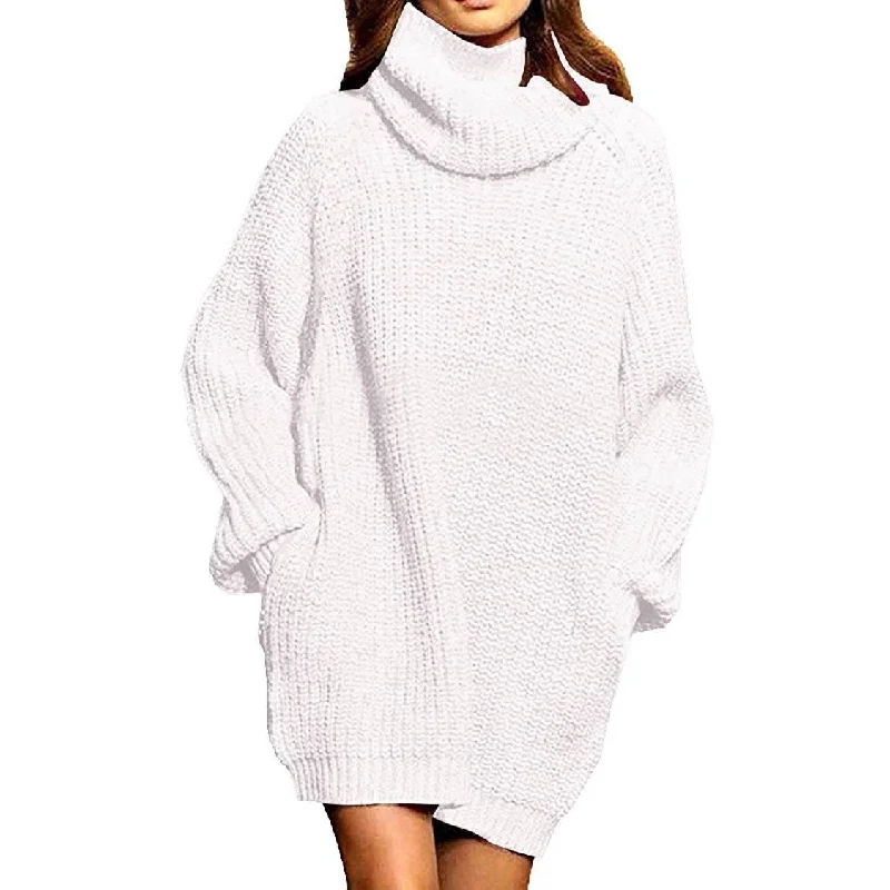 Women's Loose Turtleneck Oversize Long Pullover Sweater Dress Lantern Sleeve Elegant