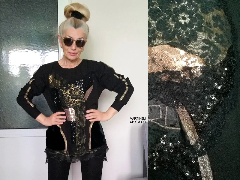 Black Embroidered Sweatshirt For Women XL Boho Casual Top Hoodie with Fur Luxurious Winter