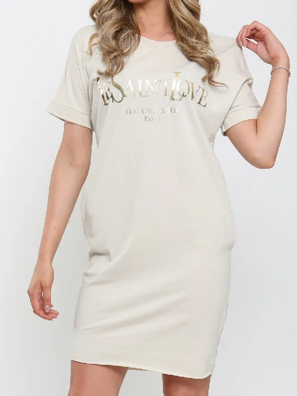 Demi YSL Print Stone T-Shirt Dress Hooded Caped Shawl Collar