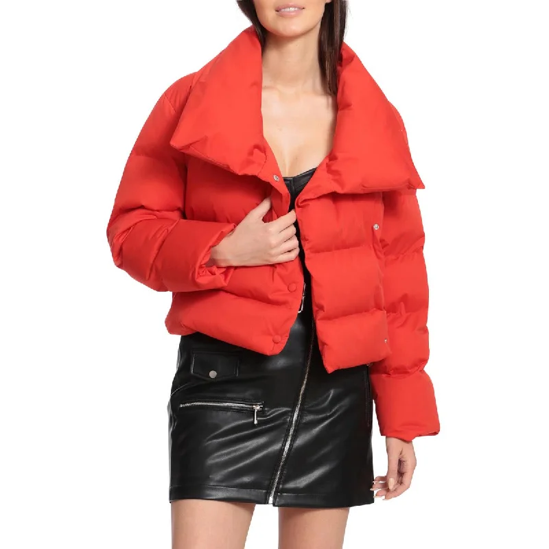 Avec Les Filles Women's Envelope Collar Short Puffer Coat Fuzzy Sherpa Pullover
