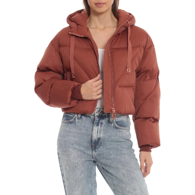 Avec Les Filles Women's Water Resistant Cropped Puffer Bomber Coat with Hood Ultra-Soft Sherpa Vest
