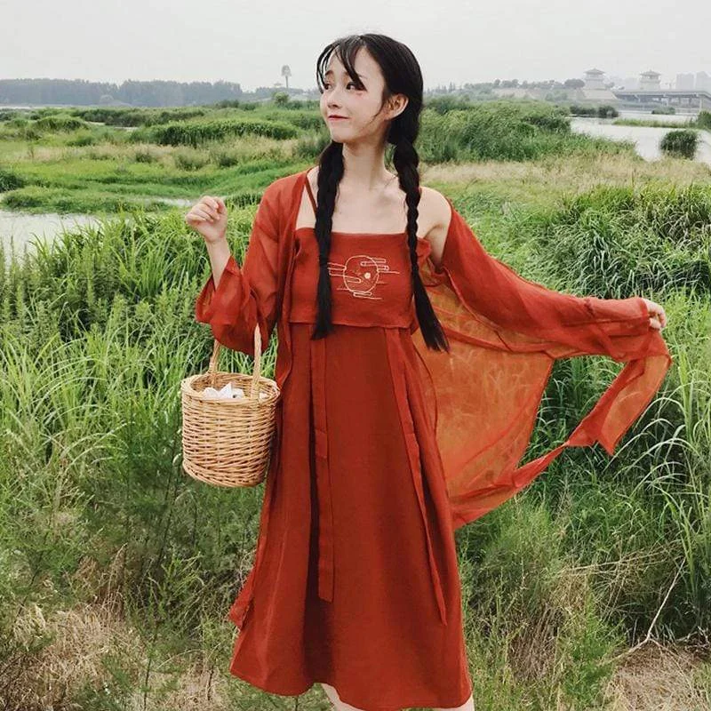 Chinoiserie Embroidered Slip Dress With Cardigan Open Front Closed Front Wrap Front