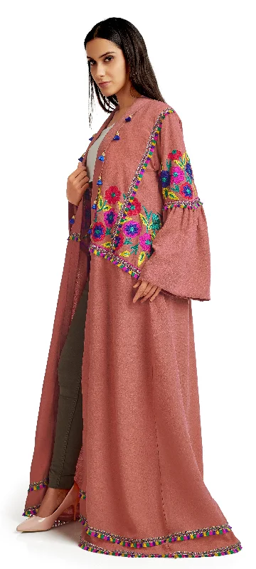 Multipurpose Long Cardigan in Rusty Pink with Colorful embroidery Striped Floral Plaid Multipurpose Long Cardigan in Rusty Pink with Colorful embroidery Striped Floral Plaid