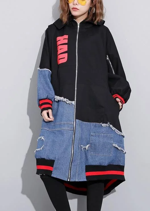 DIY patchwork fine box coat Tunic Tops zippered alphabet prints outwear Collared Pea Coat
