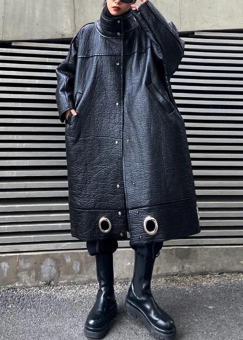 diy stand collar Plus Size PU clothes For Women black thick loose coats Checkered Wool Shacket