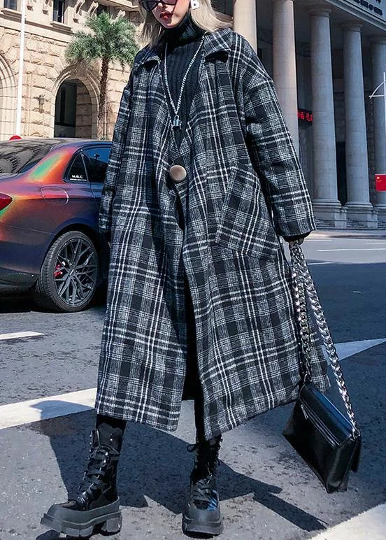 Elegant gray plaid Woolen Coat Women plus size Notched pockets long coats Fitted Faux Suede Blazer Elegant gray plaid Woolen Coat Women plus size Notched pockets long coats Fitted Faux Suede Blazer