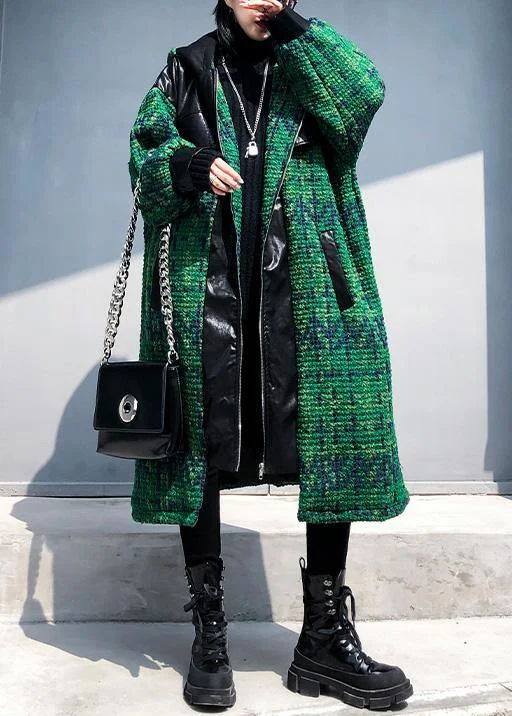 Elegant green woolen coats Loose fitting medium length coat patchwork hooded woolen outwear Chic Oversized Blazer Elegant green woolen coats Loose fitting medium length coat patchwork hooded woolen outwear Chic Oversized Blazer