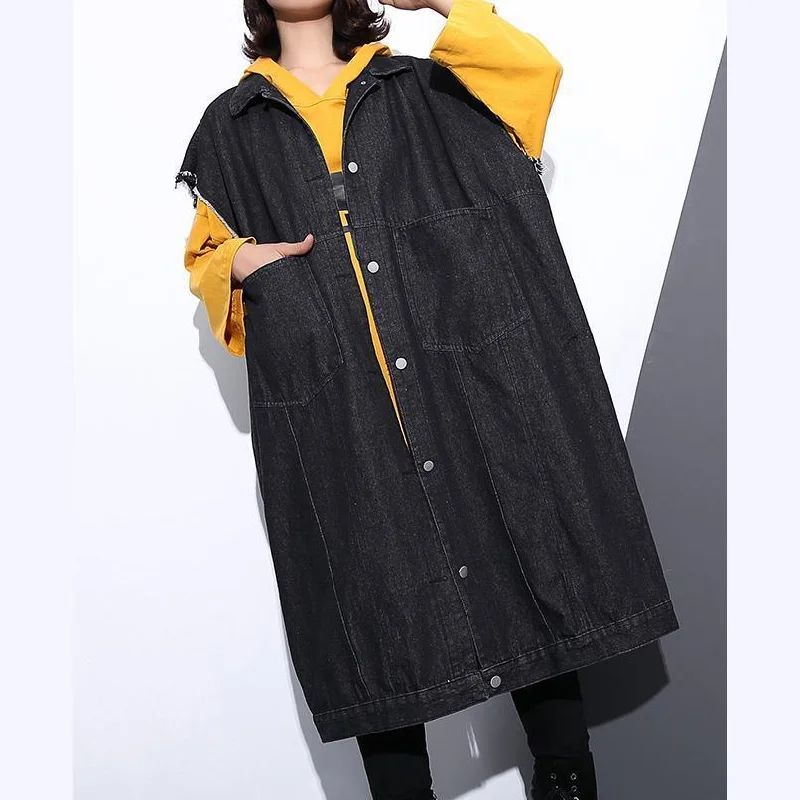 Fashion black coat Loose fitting lapel Coats fine pockets sleeveless coat Zipper Front Biker Jacket Fashion black coat Loose fitting lapel Coats fine pockets sleeveless coat Zipper Front Biker Jacket