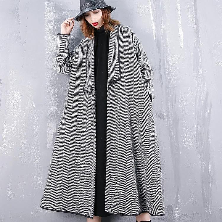 Fine black striped Coats casual turn-down Collar outwear fine pockets long coats Draped Longline Jacket