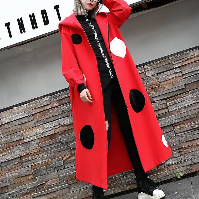 Fine red dotted Coat oversize hooded outwear Fashion side open baggy long coats Puff Sleeve Overcoat