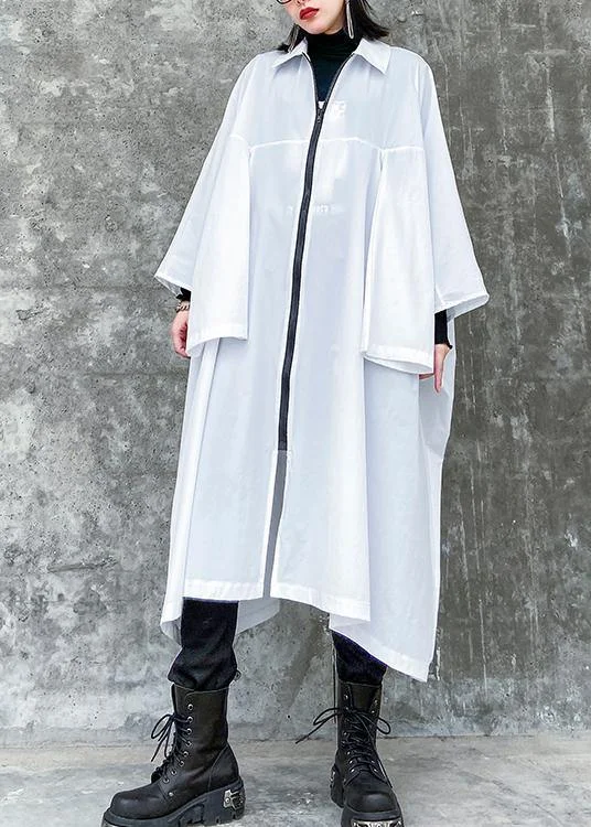 French lapel zippered Fashion crane coats white Midi women coats Functional Travel Jacket