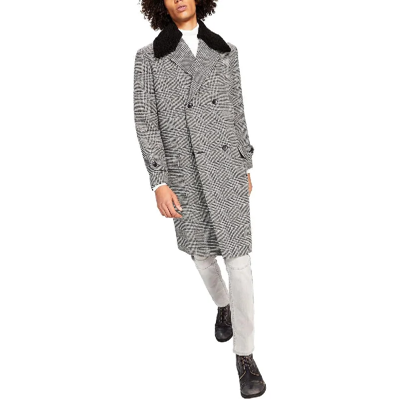 INC Mens Ashton Faux Fur Trim Midi Pea Coat Cropped Tweed Jacket
