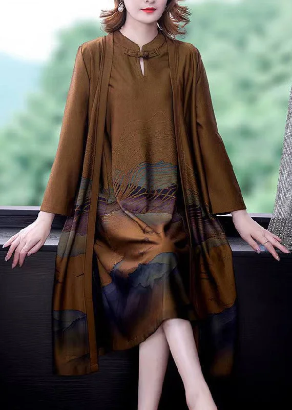 Italian Yellow Stand Collar Print Silk Trench Coats And Dress Two Piece Set Long Sleeve Lightweight Utility Jacket Italian Yellow Stand Collar Print Silk Trench Coats And Dress Two Piece Set Long Sleeve Lightweight Utility Jacket