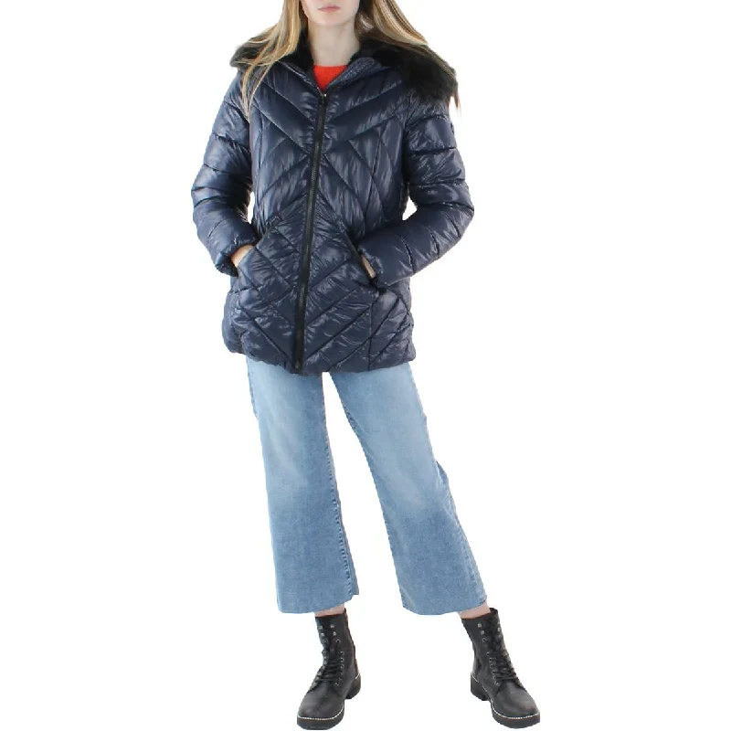 Jessica Simpson Womens Faux Fur Warm Quilted Coat Relaxed Utility Shacket