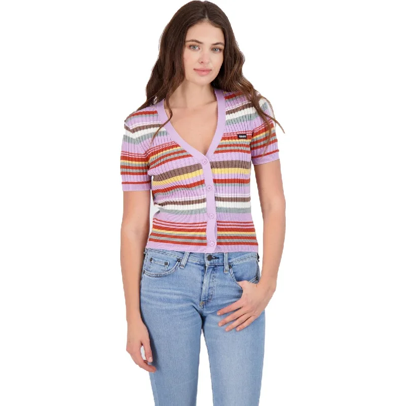 Kendall + Kylie Women's Ribbed Knit Striped Short Sleeve Cardigan Top Iron Safe Non-Iron Wrinkle Free
