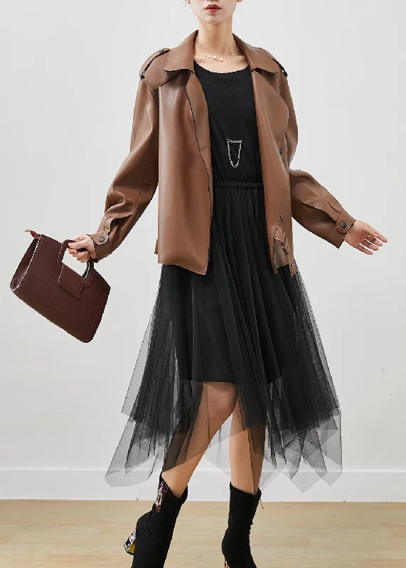 Khaki Faux Leather Coats And Tull Dress Two Piece Suit Set Oversized Spring Belted Wool Overcoat Khaki Faux Leather Coats And Tull Dress Two Piece Suit Set Oversized Spring Belted Wool Overcoat
