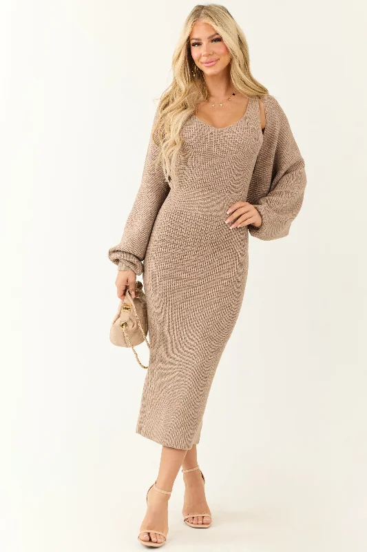 Latte Ribbed Knit Midi Dress and Shrug Cardigan Set Terry Terry Cloth Terry Knit