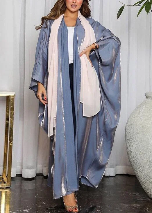 Loose Blue V Neck Bright Silk Cardigan Dress Spring Transparent Opaque Sheer