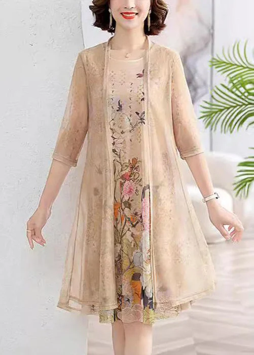Loose Khaki Cardigan And Dress Chiffon Two Piece Set Summer Thin Thick Dense