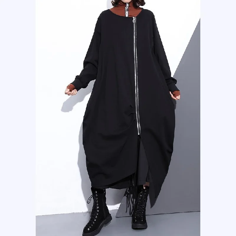 Luxury black Coat plus size O neck asymmetrical design Coats fine zippered long coats Polished Tailored Coat