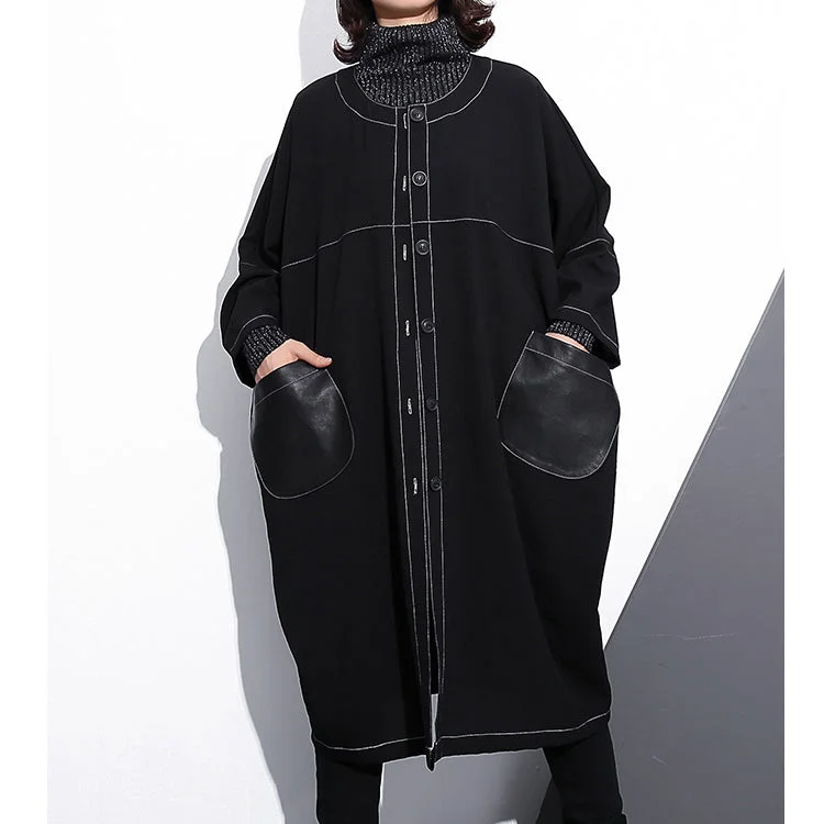 Luxury black maxi coat plus size o neck baggy boutique pockets coats Structured Wool Blazer