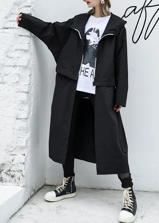Luxury Loose fitting long hooded outwear black patchwork pockets coats Buttoned Peplum Coat