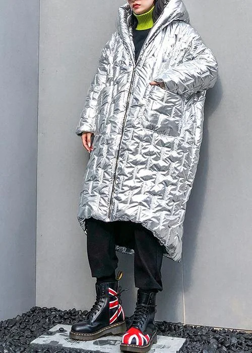 Luxury silver Parkas for women Loose fitting hooded zippered coats Long Hooded Anorak Luxury silver Parkas for women Loose fitting hooded zippered coats Long Hooded Anorak
