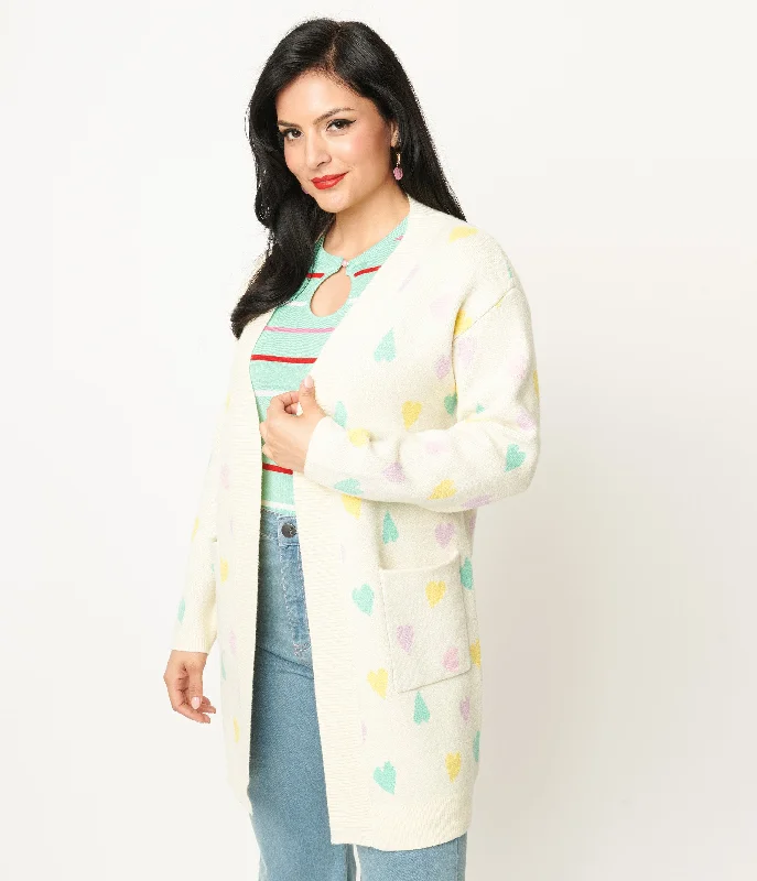 Magnolia Place Cream & Pastel Hearts Cardigan Machine Wash Dry Clean Hand Wash