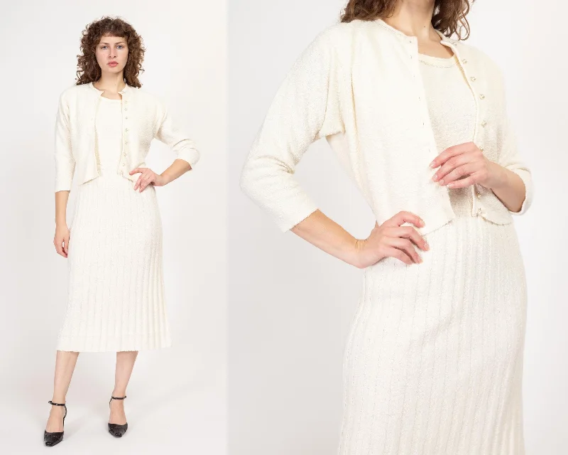 Medium 1950s White Boucle Knit Midi Dress & Cardigan Set Stretchy Elastic Breathable Medium 1950s White Boucle Knit Midi Dress & Cardigan Set Stretchy Elastic Breathable