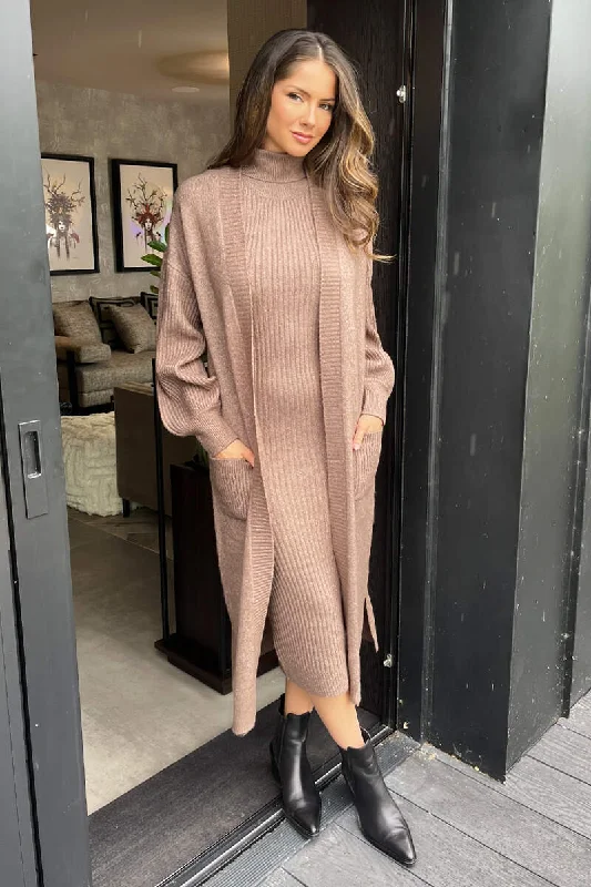 Mink Knitted Midi Dress And Cardigan Co-ord Soft Cozy Warm