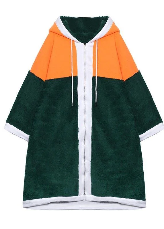 Luxury Mid-length Coats Green Hooded Patchwork Teddy Coat Hooded Puffer Anorak