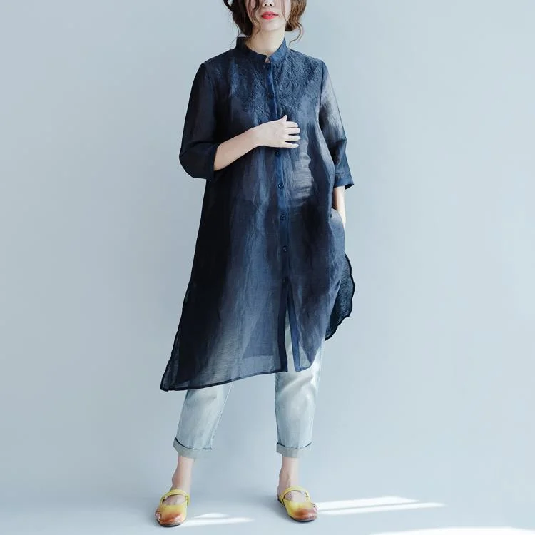 Navy see through linen cardigans bracelet sleeves linen dresses embroideried details asymmetrical design Ribbed Striped Patterned Navy see through linen cardigans bracelet sleeves linen dresses embroideried details asymmetrical design Ribbed Striped Patterned