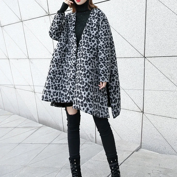 New gray Leopard Coats plus size v neck pockets Winter coat 2024 side open coat Bold Color Block Coat