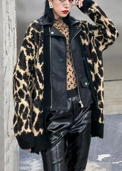 Organic Leopard Fashion Coats Women Cotton lapel zippered outwear Cozy Fleece Hoodie