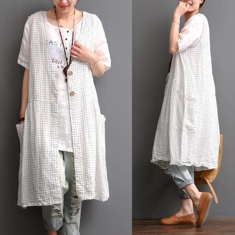 Plaid linen tank dress sleevelss summer linen vest cardigan coat Welt Pockets Slit Pockets Flap Pockets Plaid linen tank dress sleevelss summer linen vest cardigan coat Welt Pockets Slit Pockets Flap Pockets