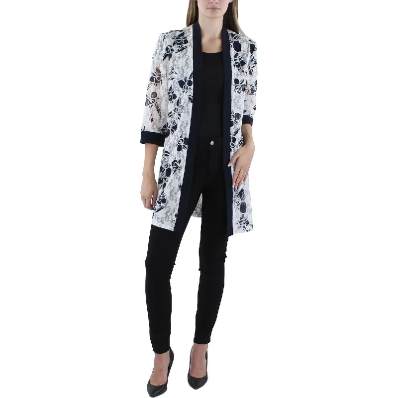 R&M Richards Womens Floral Cardigan Open-Front Blazer Crew Neck V-Neck Turtle Neck